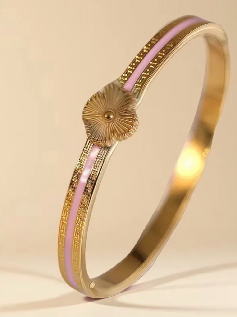 Gold and Pink Floral Accent stainless steel Bangle Bracelet - Women's Jewelry